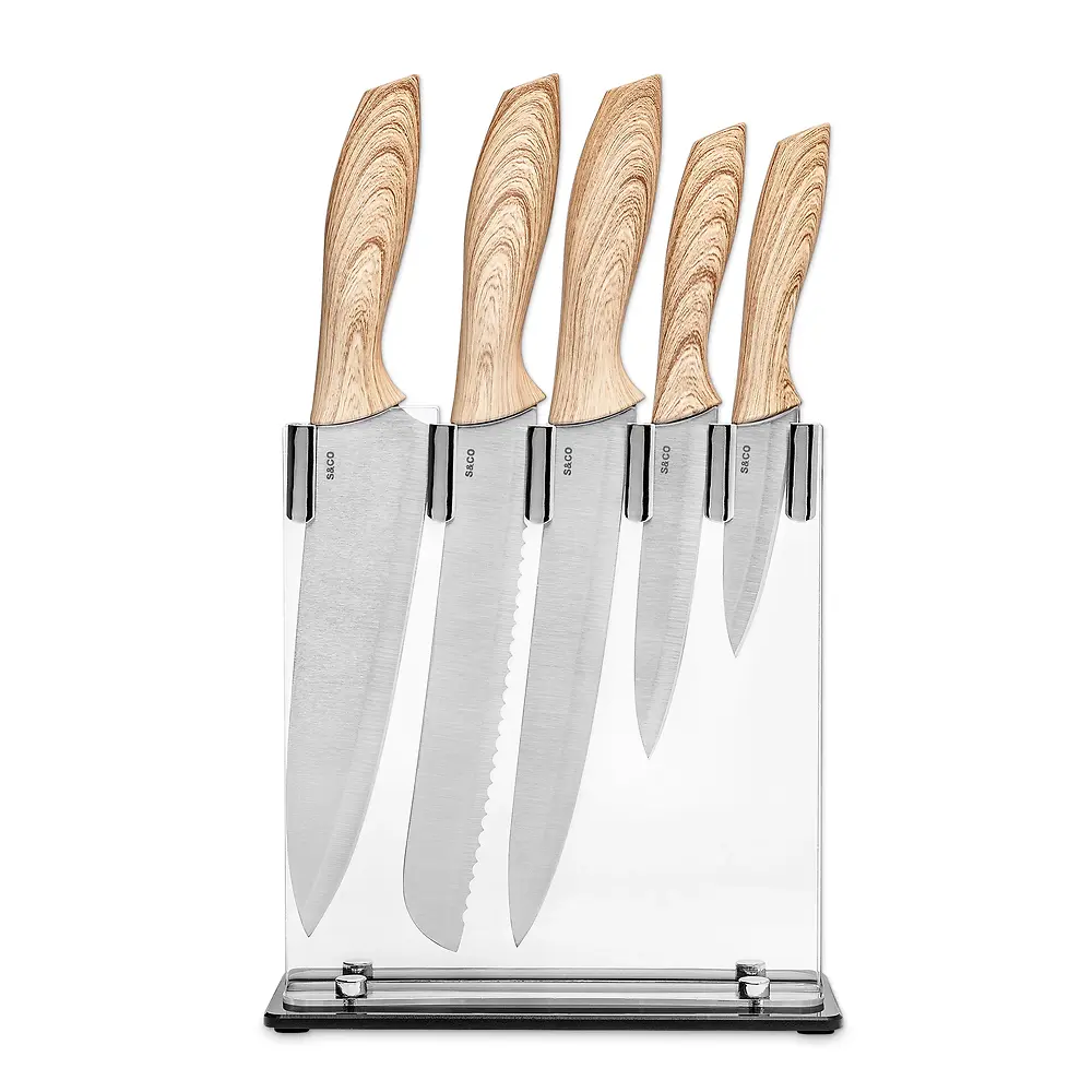 6PC - KNIFE SET -WOOD GRAIN HANDLE - ACRYLIC HANDLE