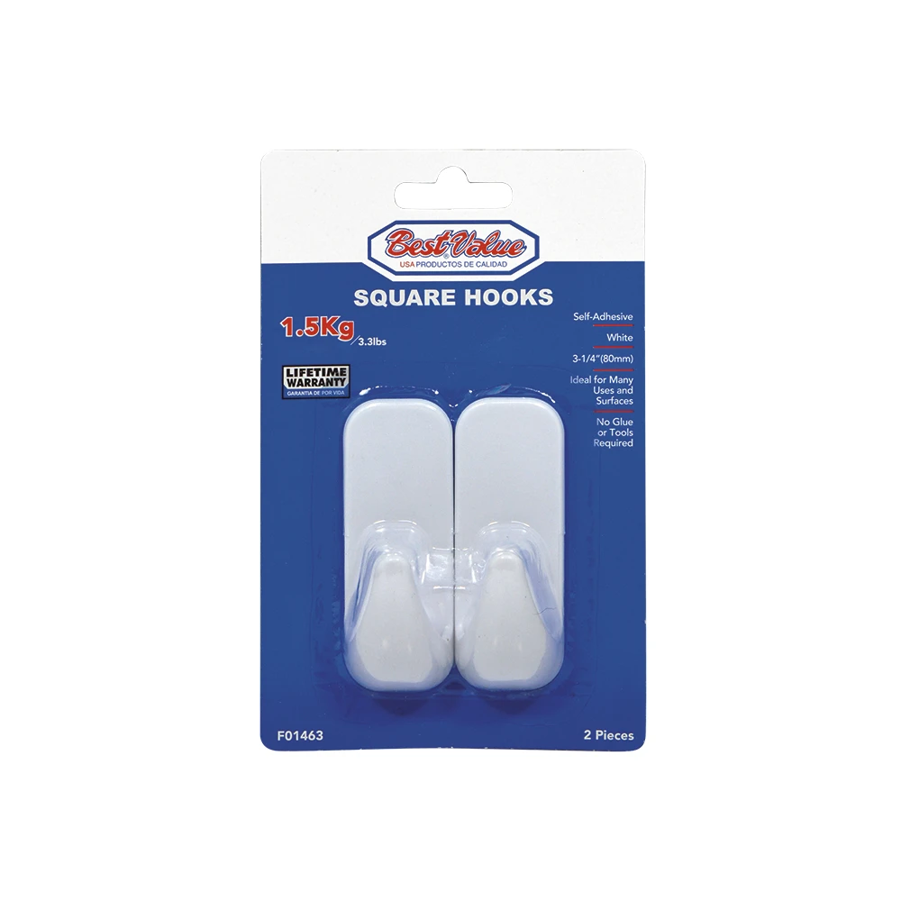 SQUARE HOOK 80MM SELF ADHESIVE WHITE - 2PC