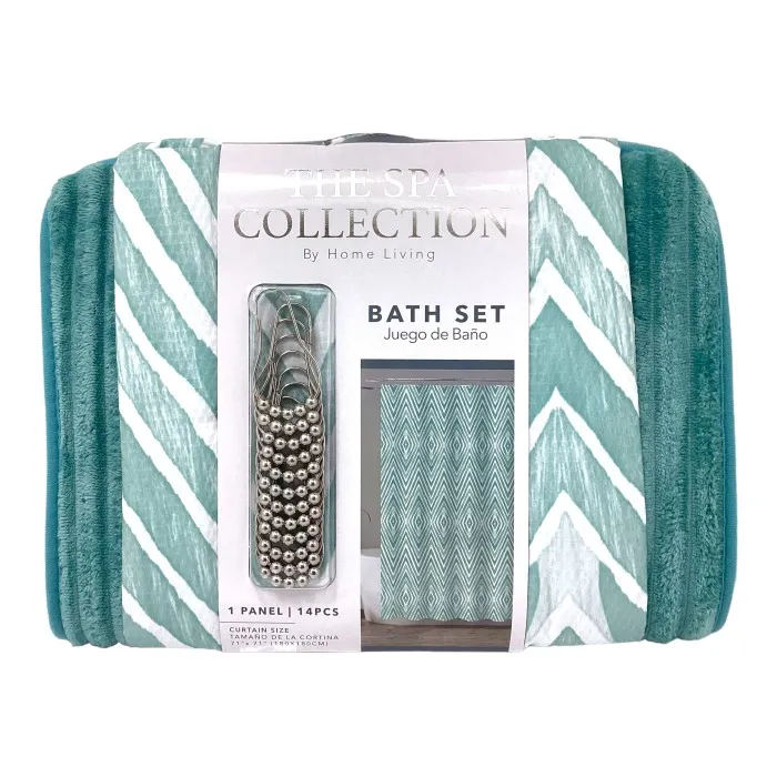 MICROFIBER SHOWER CURTAIN W/ FOAM MAT - TURQUOISE