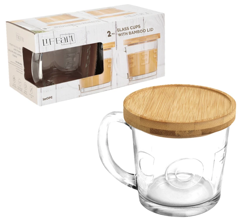 S/2 GLASS COFFEE CUP W/BAMBOO LID