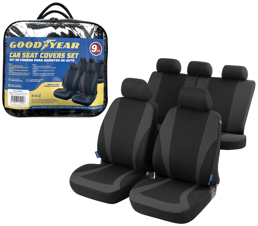 UNIVERSAL CAR SEAT COVER SET - 9 PIECE - BLACK AND GREY