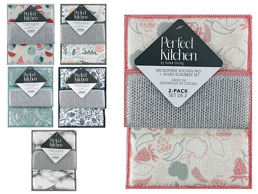 MICROFIBER KITCHEN PAD WITH SCRUBBER - 2 PACK - ASSORTED