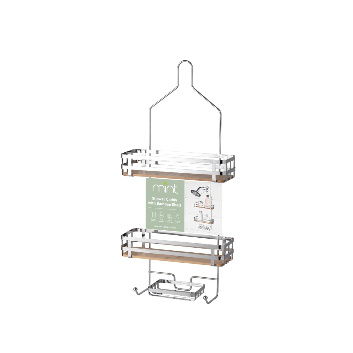 SHOWER CADDY WITH BAMBOO BASE - CHROME