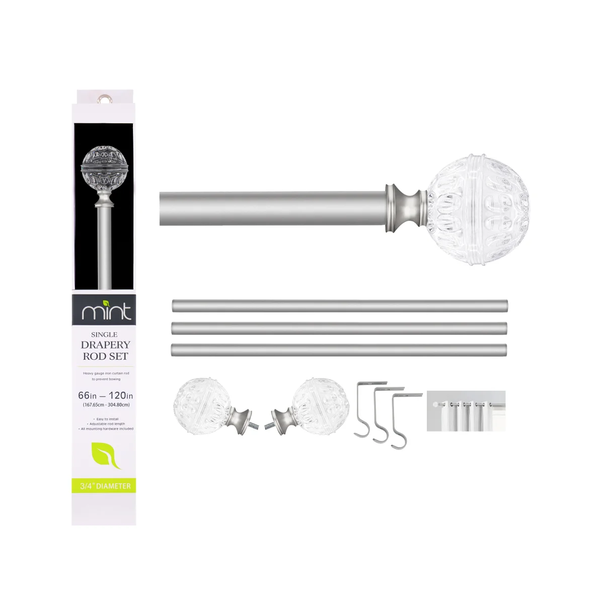 CURTAIN ROD - 66"-120" - SATIN NICKLE