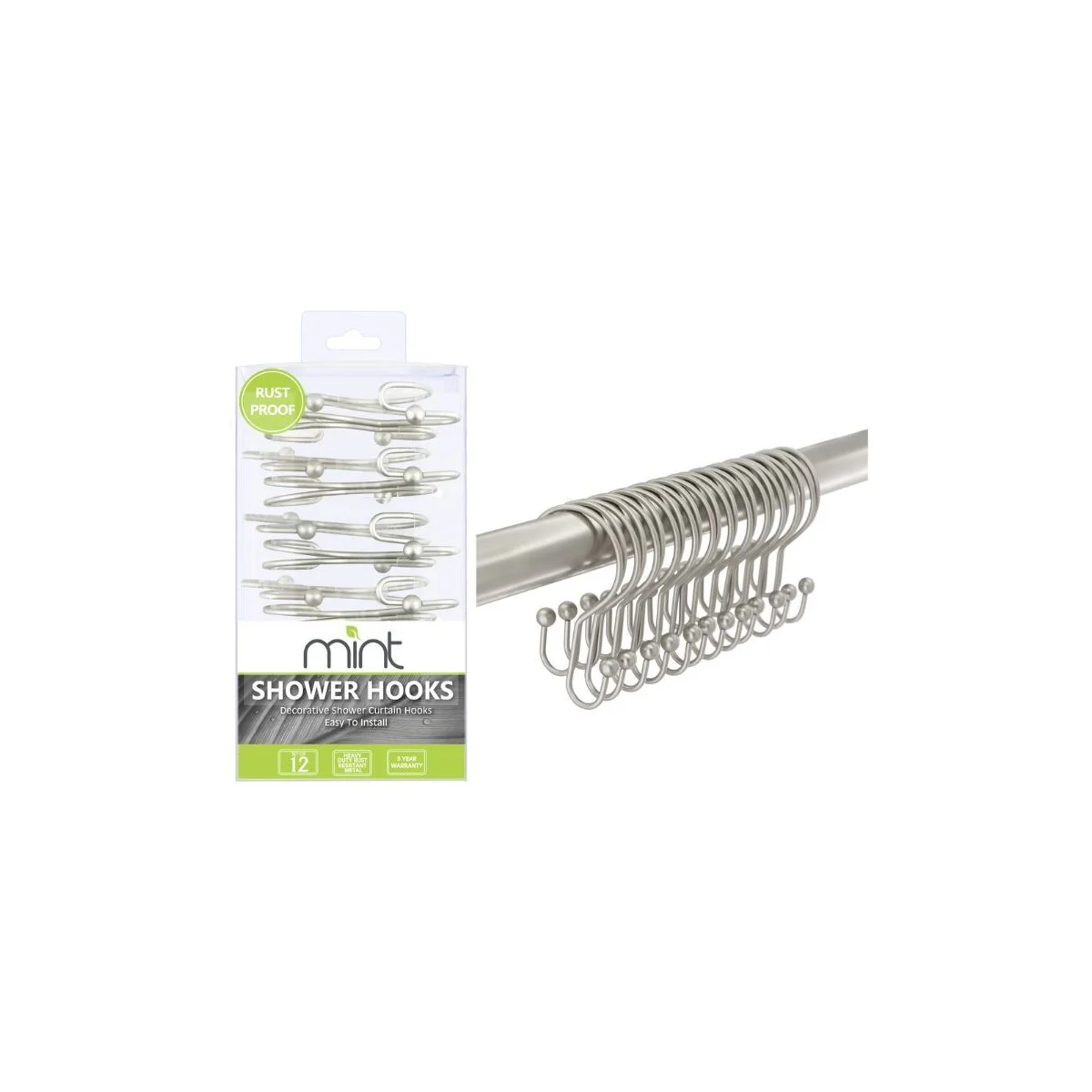 BRUSHED NICKEL SHOWER HOOKS - 12-PIECE