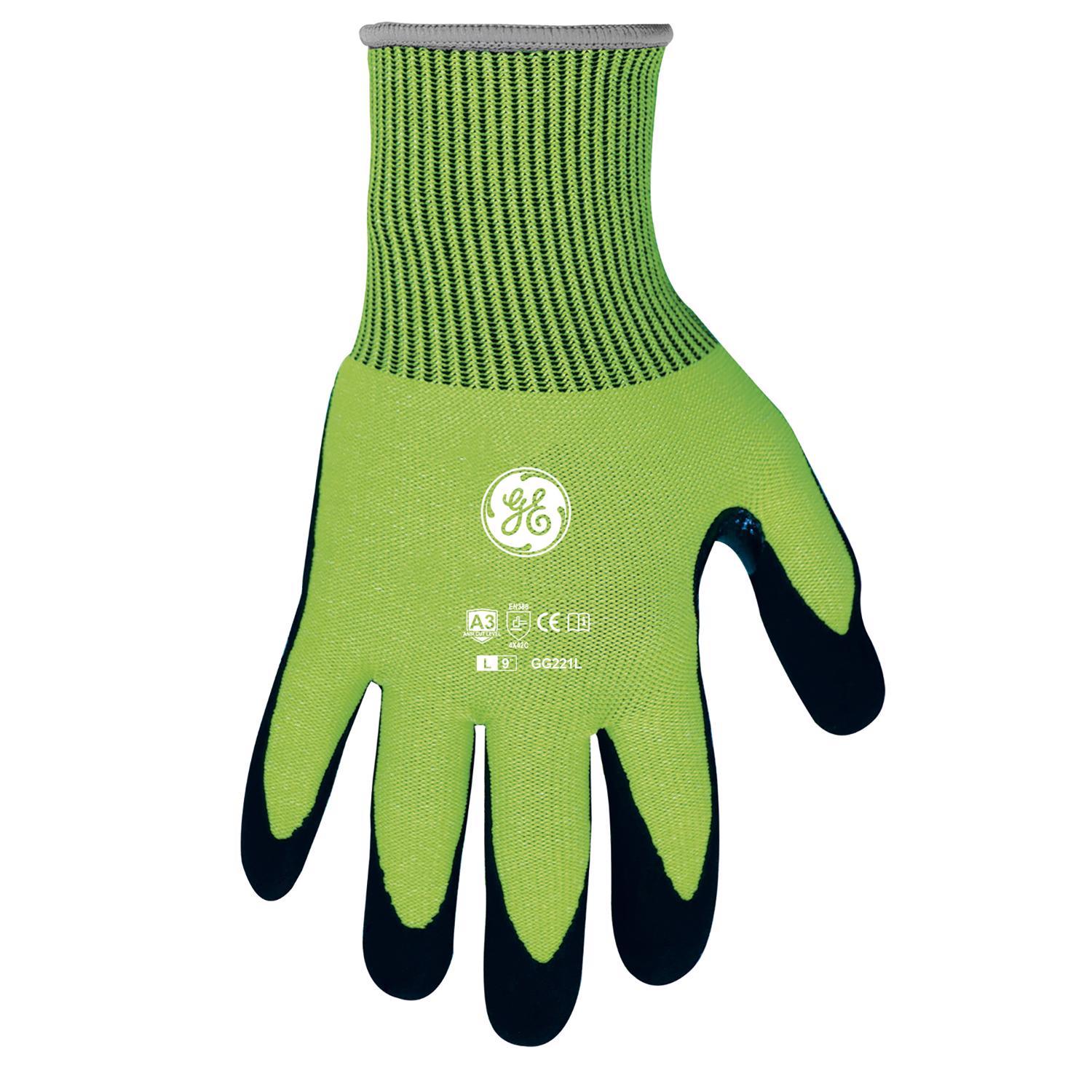 General Electric Dipped Work Gloves Black/high-vis Green Large 1 Pair