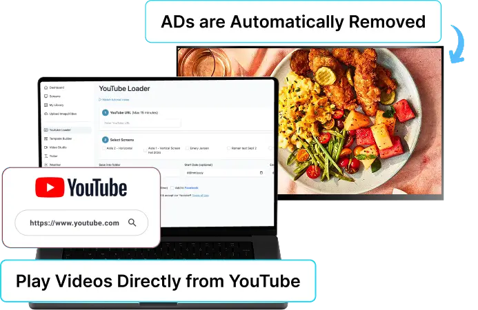 Ez-Ad Tv Digital Signage for restaurants with youtube integration