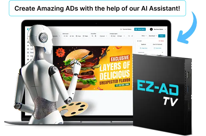 Customizable menu of restaurant digital signage with ai crafted ads