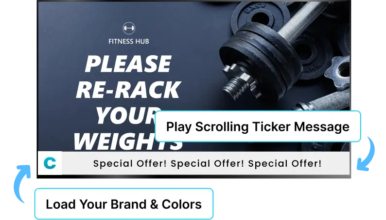 EZ-AD TV digital signage for gyms with sliding ticker message