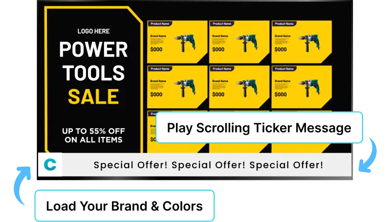 EZ-AD TV digital signage for hardware stores with sliding ticker message