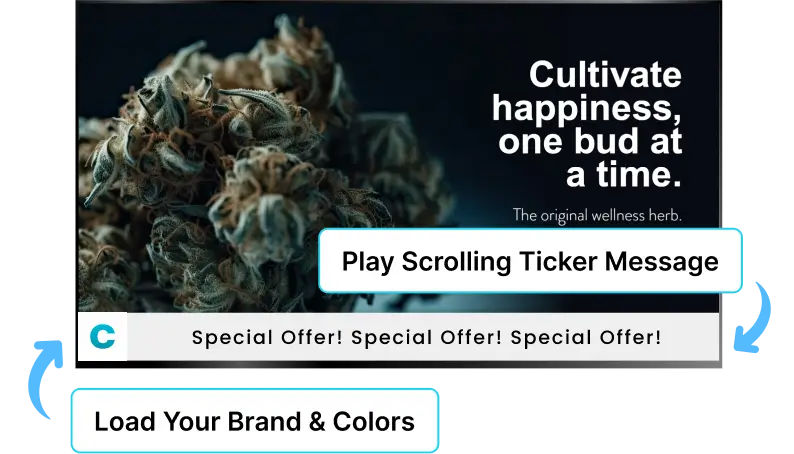 EZ-AD TV digital signage for cannabis with sliding ticker messages