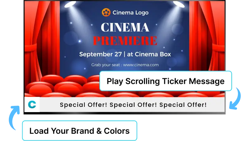 EZ-AD TV digital signage for cinema with sliding ticker messages