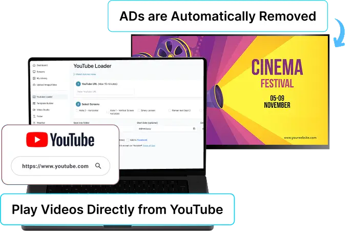 EZ-AD TV digital signage for cinema with youtube integration