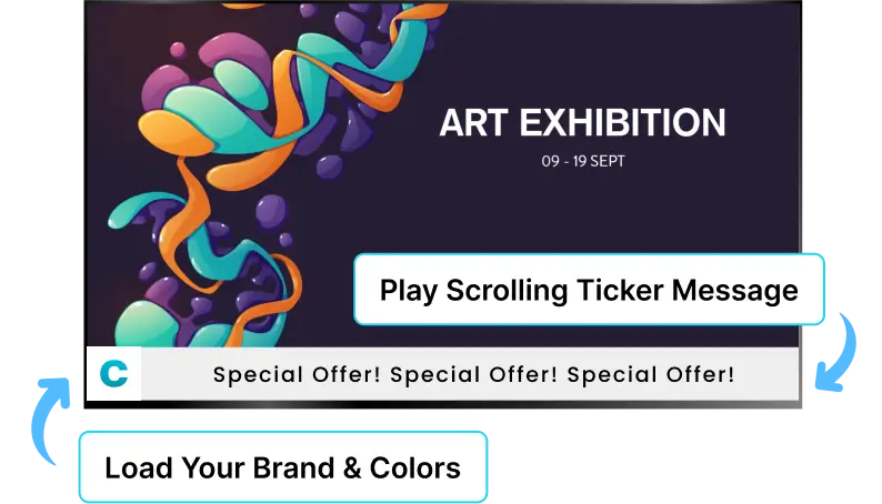 EZ-AD TV digital signage for art gallery with sliding ticker messages