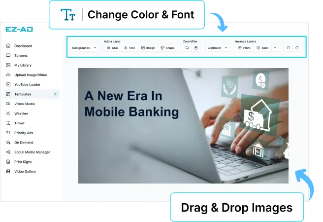 EZ-AD Tv Digital Signage for banking with customizable options