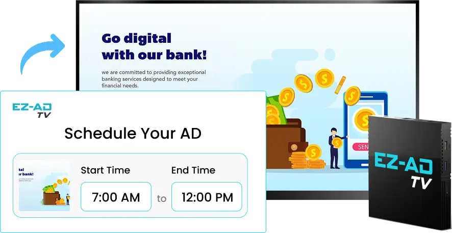 EZ-AD TV Digital Signage for banking with schedule content options