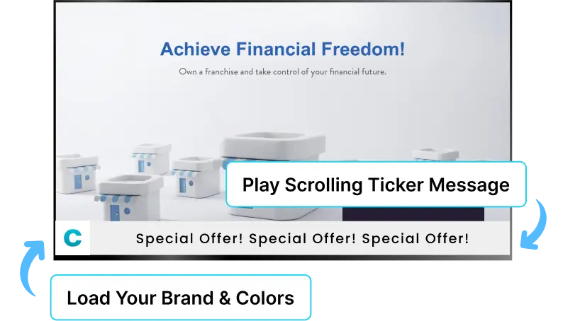 EZ-AD TV digital signage for franchise with sliding ticker messages