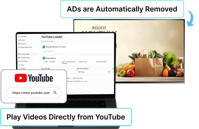 EZ-AD TV digital signage for grocery stores with youtube integration