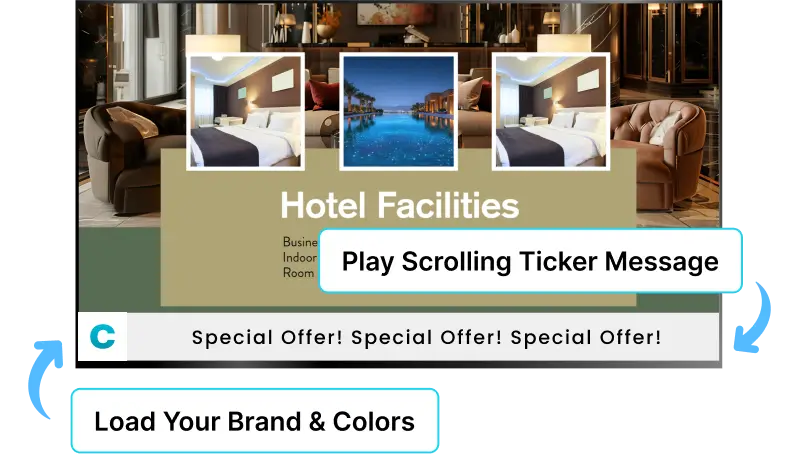 EZ-AD TV digital signage for hospitality with sliding ticker messages