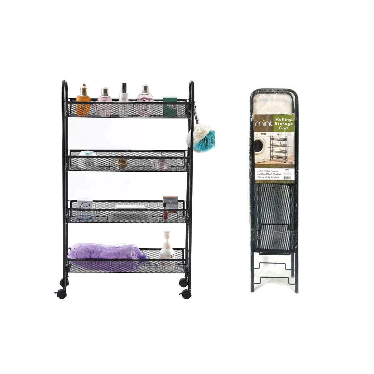 Matte Black - 4 Tier Mesh Basket Cart with 4 Wheels