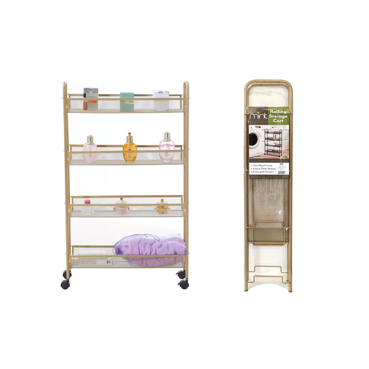 Matte Gold - 4 Tier Mesh Basket Cart with 4 Wheels