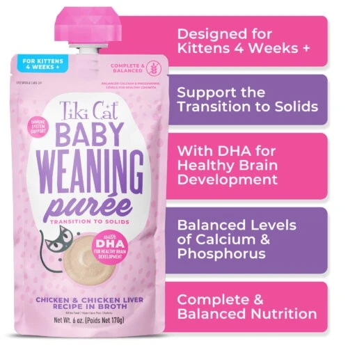Tiki Cat Baby Weaning Purée Chicken & Chicken Liver Recipe in Broth for Kittens 6 oz