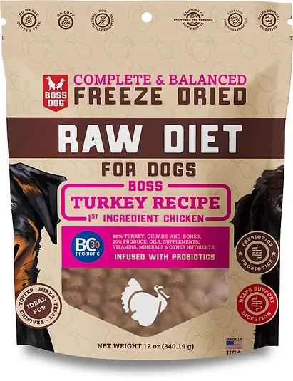 Complete & Balanced Freeze Dried Raw Diet Turkey Recipe Dog Food & Topper with Probiotics 12 oz