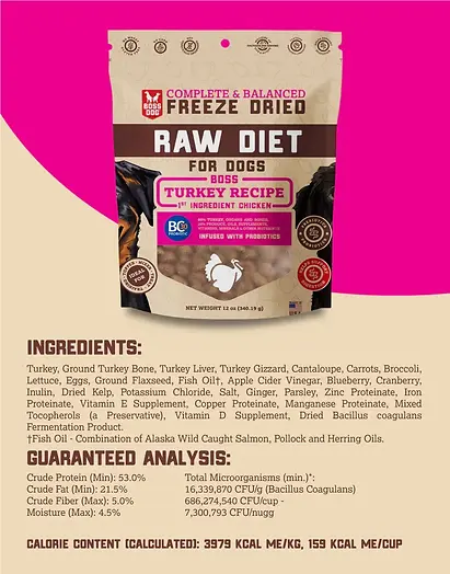 Complete & Balanced Freeze Dried Raw Diet Turkey Recipe Dog Food & Topper with Probiotics 12 oz