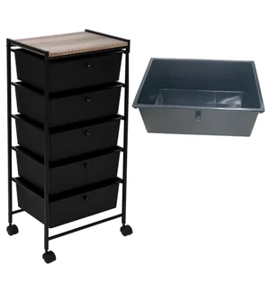 BLACK5 DRAWER WIDE CART W/WOOD