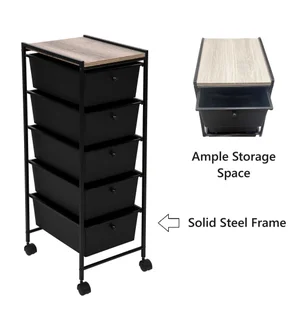 BLACK 5 DRAWER CART W/WOOD TOP