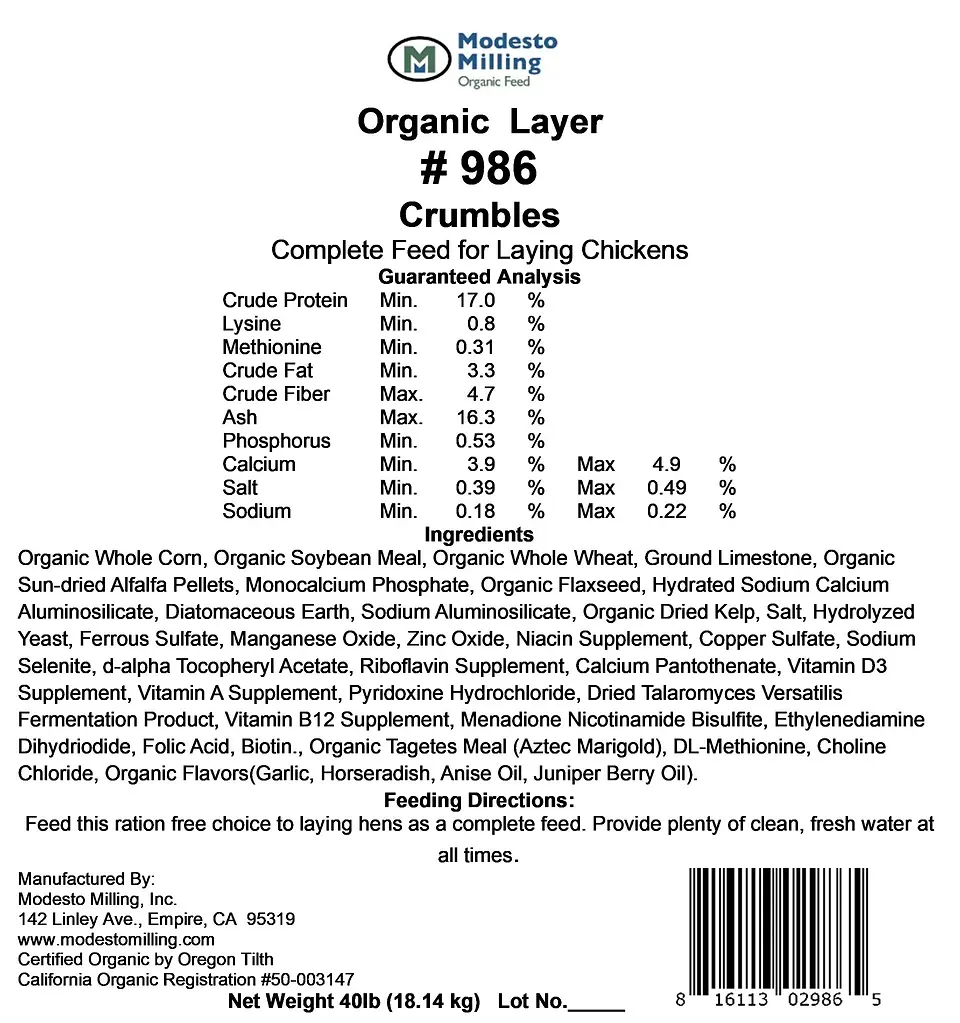 Organic Layer Crumbles 17% Protein 40 lb