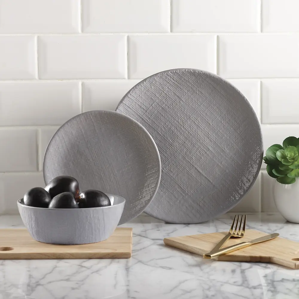 12PC - GREY LINEN EMBOSSED - DINNERSET