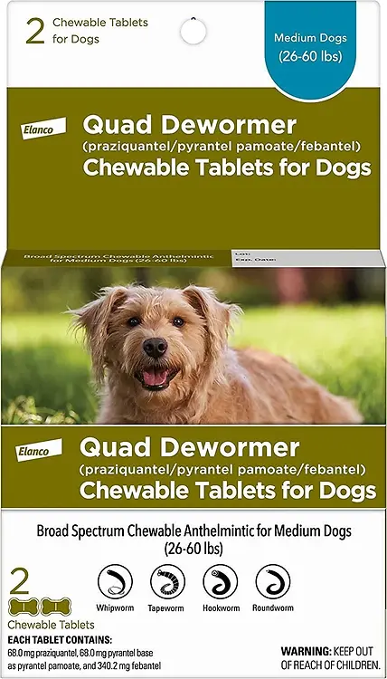 Quad Dewormer Chewable Tablets for Medium Dogs 26 - 60 lb | 2 Tabs