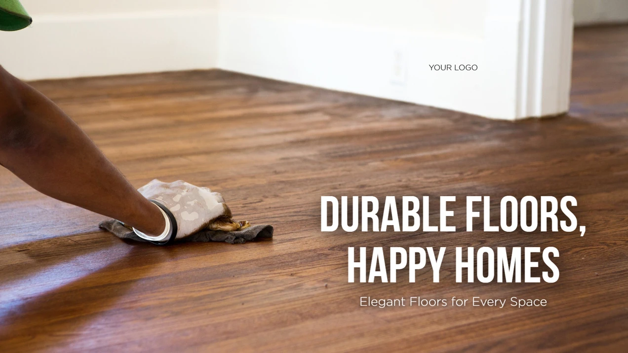 EZ-AD Tv Digital signage slide featuring a worker finishing a wooden floor, advertising durable flooring for homes.
