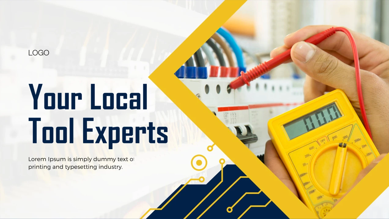 EZ-AD Tv Digital signage slide showing an electrician testing an electrical panel, promoting local tool and electrical services.