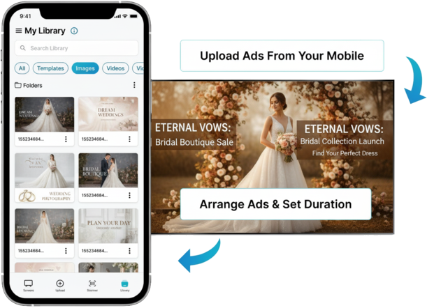 Ez-Ad Tv digital signage for bridal salons and weddings with mobile app