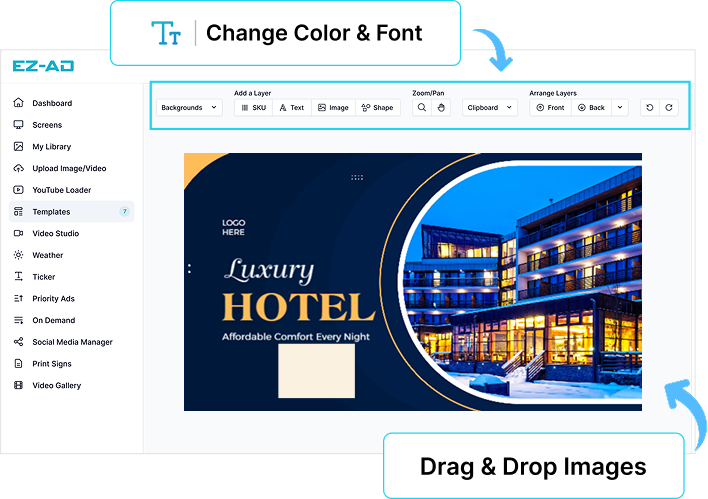 EZ-AD Digital Signage for Hotels with customizable options