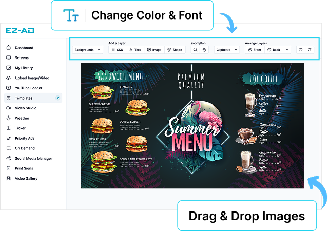 EZ-AD Tv Digital Signage menu editing for restaurants with customizable options