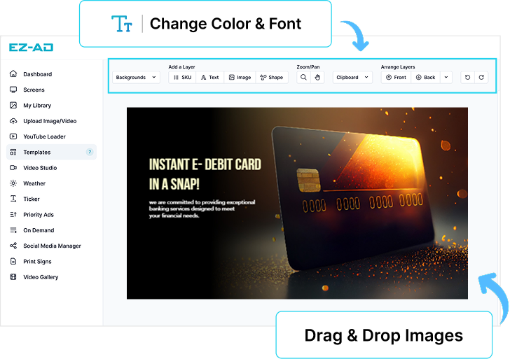 EZ-AD Tv Digital Signage for banking with customizable options