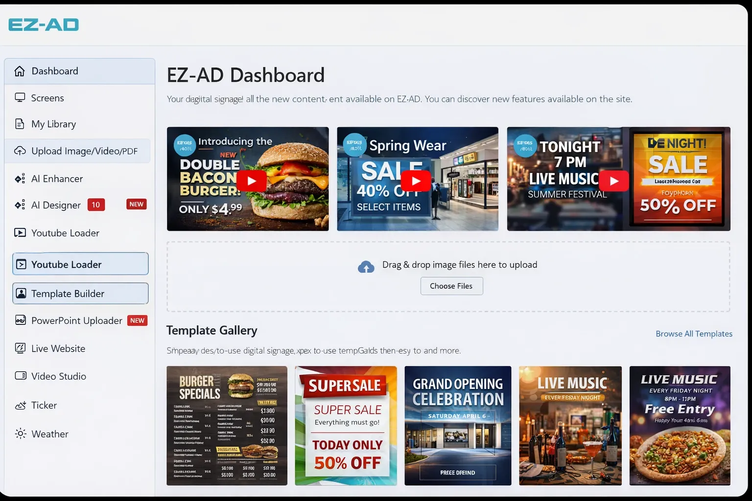 EZ-AD TV digital signage dashboard content management interface