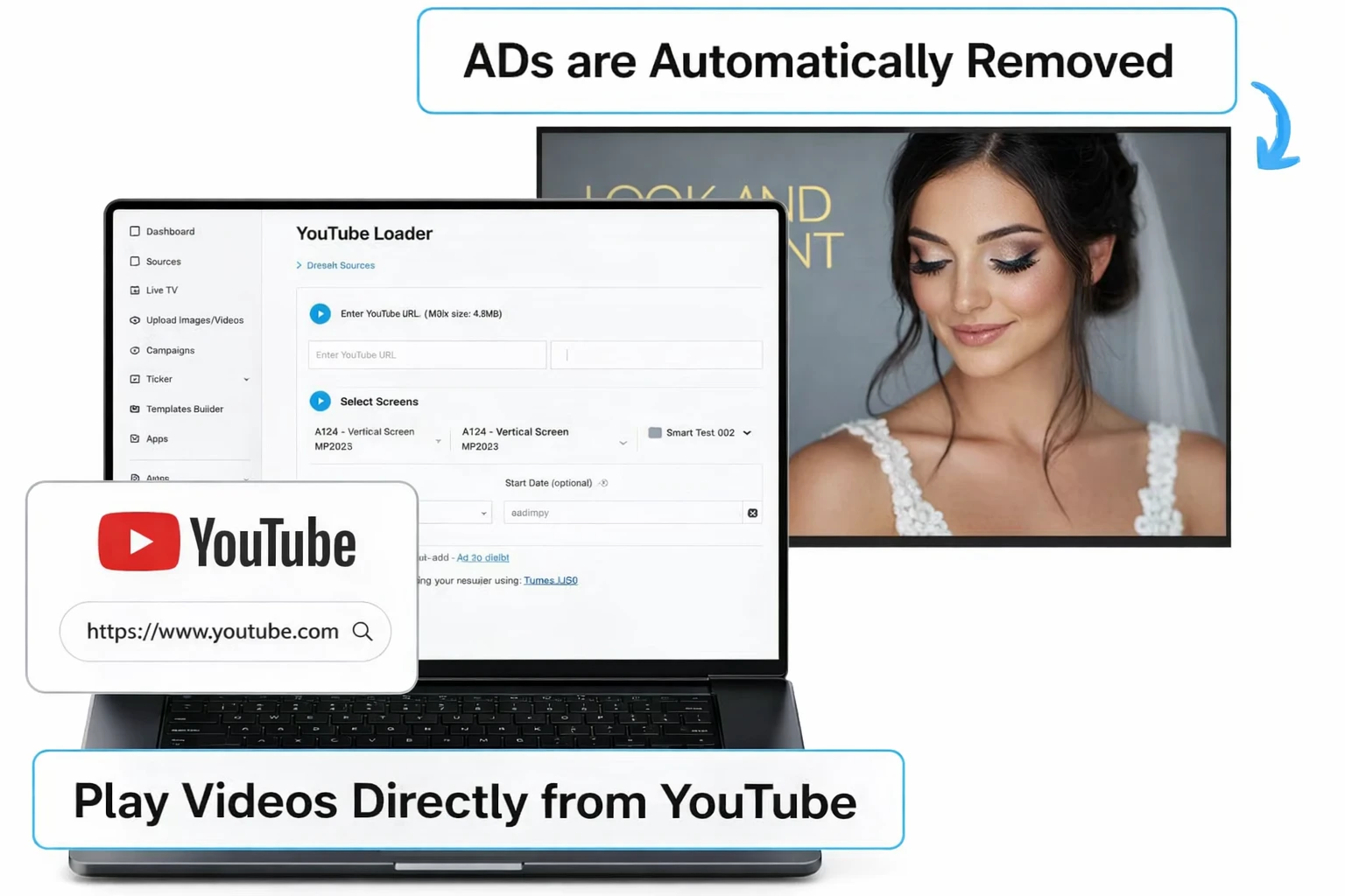 EZ-AD TV digital signage for bridal salon and weddings with youtube integration