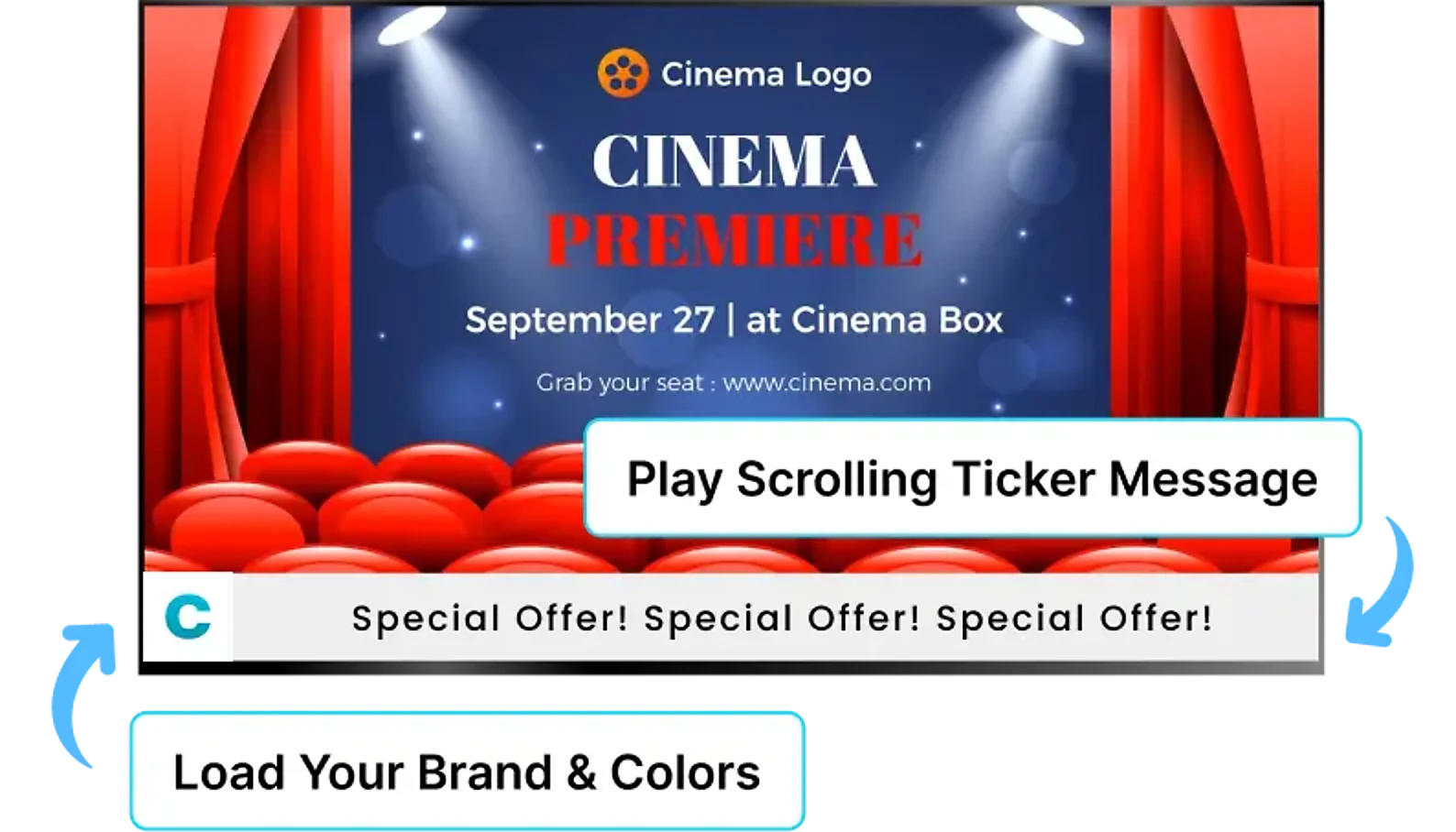 EZ-AD TV digital signage for cinema with sliding ticker messages