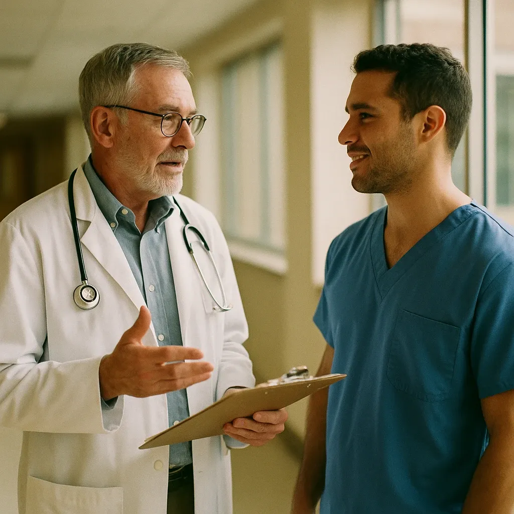 Senior orthopedic surgeon and medical professional collaborating on IME report review, EZ Medical AI built by healthcare experts for attorneys and insurance professionals