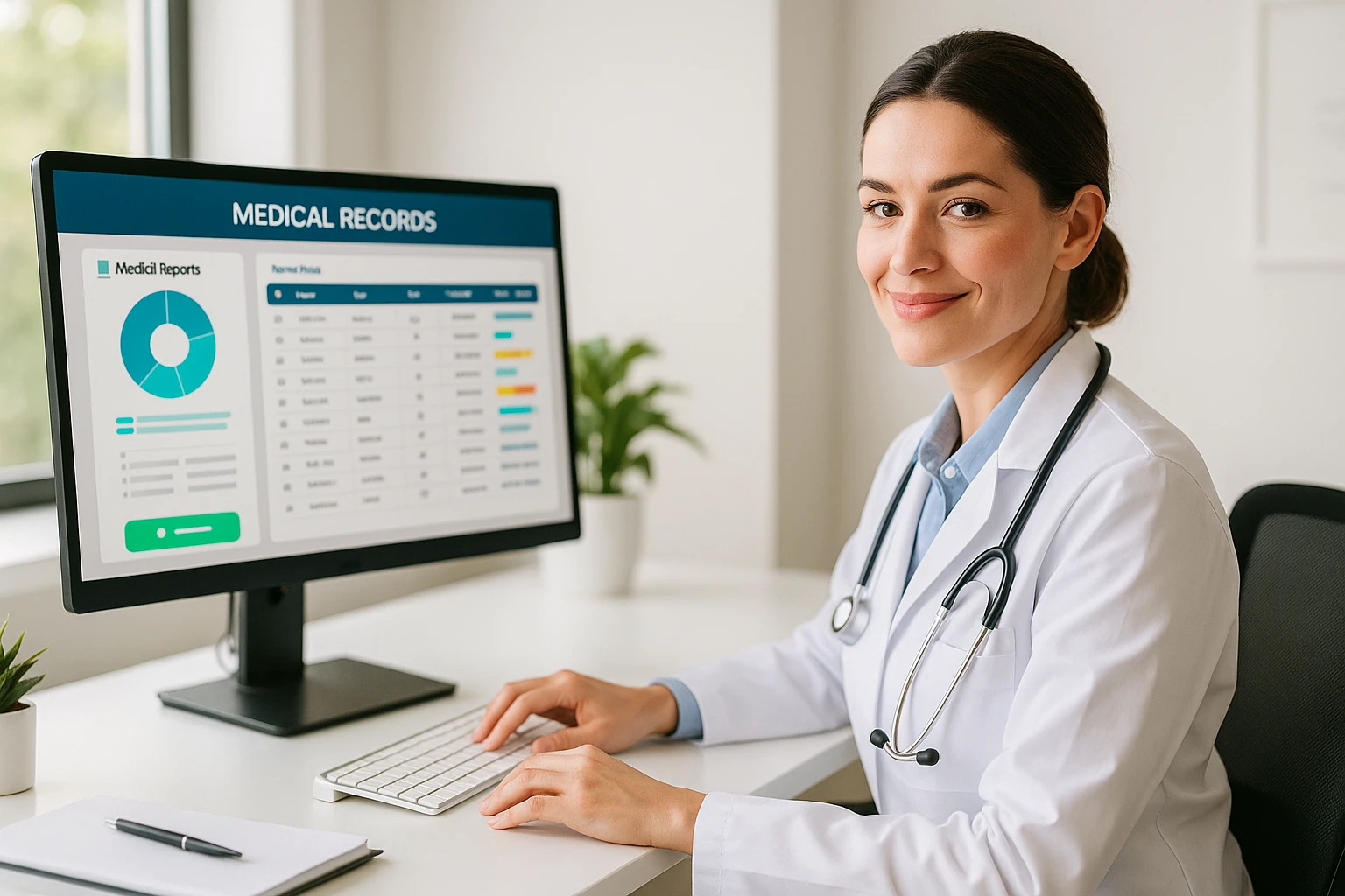 Doctor using EZ Medical AI platform for HIPAA-compliant medical record review, AI chronology, and patient summary analysis