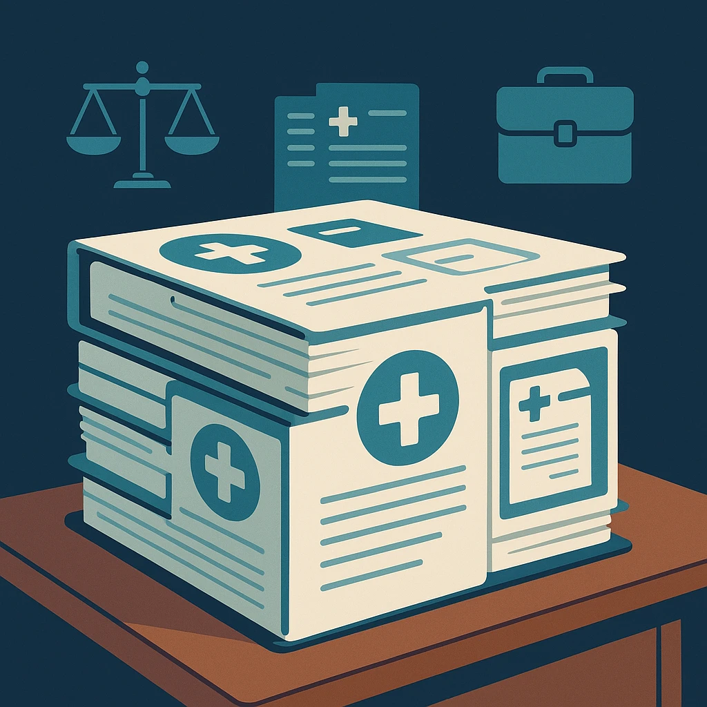Registros médicos apilados en el escritorio de un abogado con balanzas legales y maletín, que representan el papel fundamental de la evidencia médica en casos de lesiones personales
