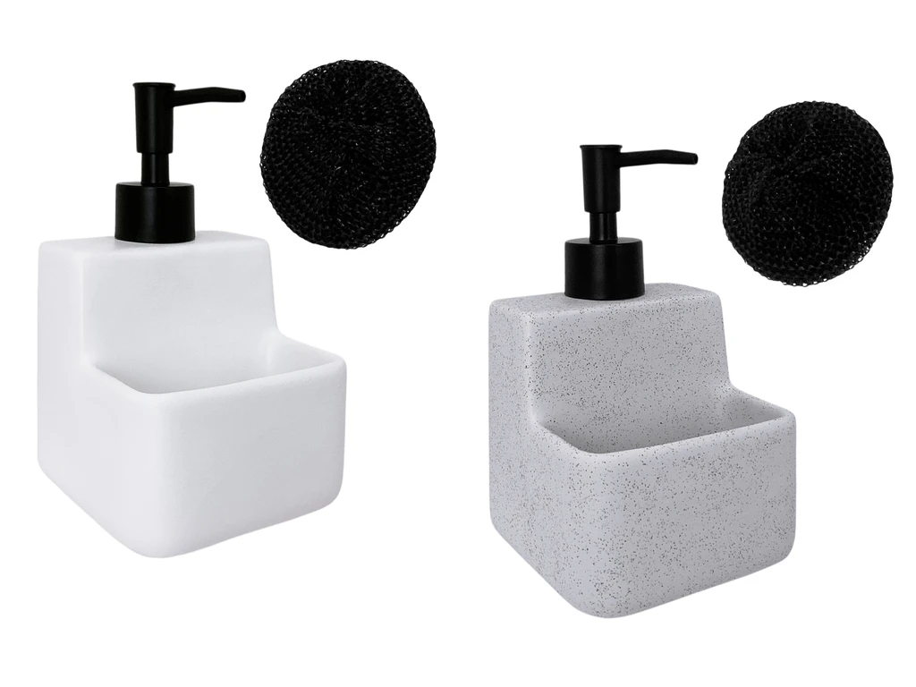 Set of 2 Kitchen Soap Dispensers with Sponge Holder – White & Marble