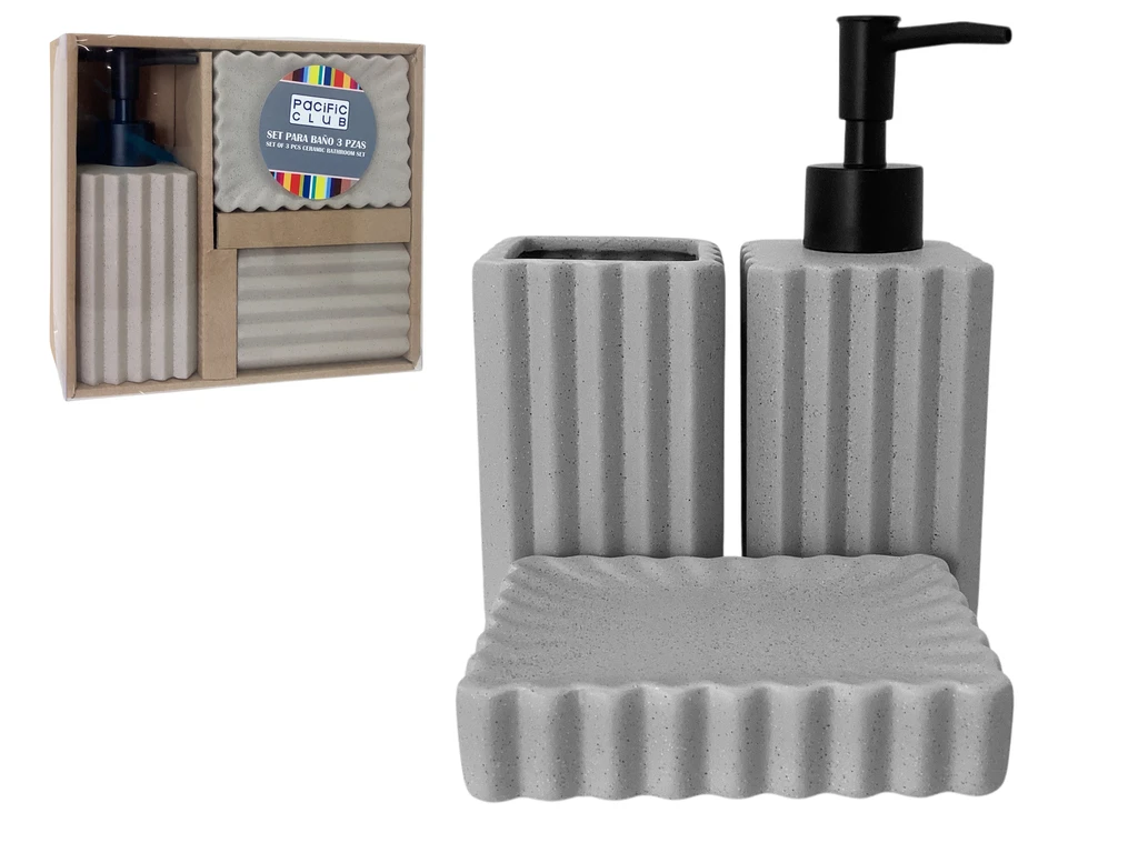 Set of 3 Ceramic Bathroom Set – Grey with Black Spots