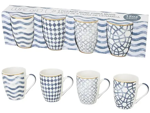 Set of 4 PCS – 12oz New Bone China Mugs Assorted Designs