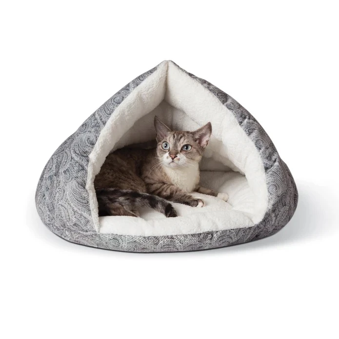 Self Warming Hut Pet Bed Gray Paisley
