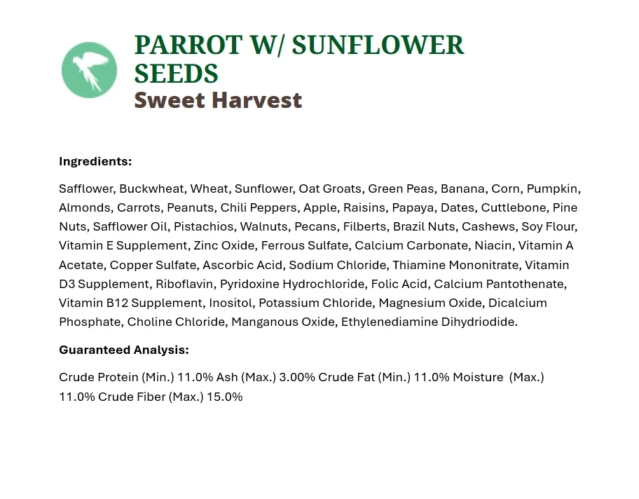 Sweet Harvest Parrot Vitamin Enriched Food with Sunflower Seeds 4 lb